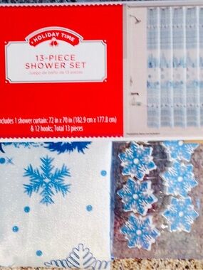 Christmas Shower Curtain & Hooks 70"x72" Snowflakes